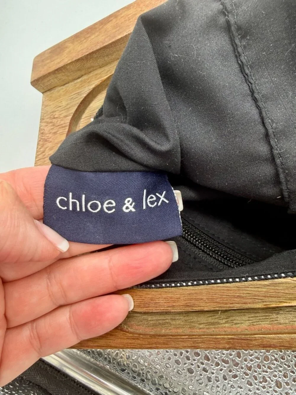 Chloe & Lex Black Floral Clutch with Wooden Handle